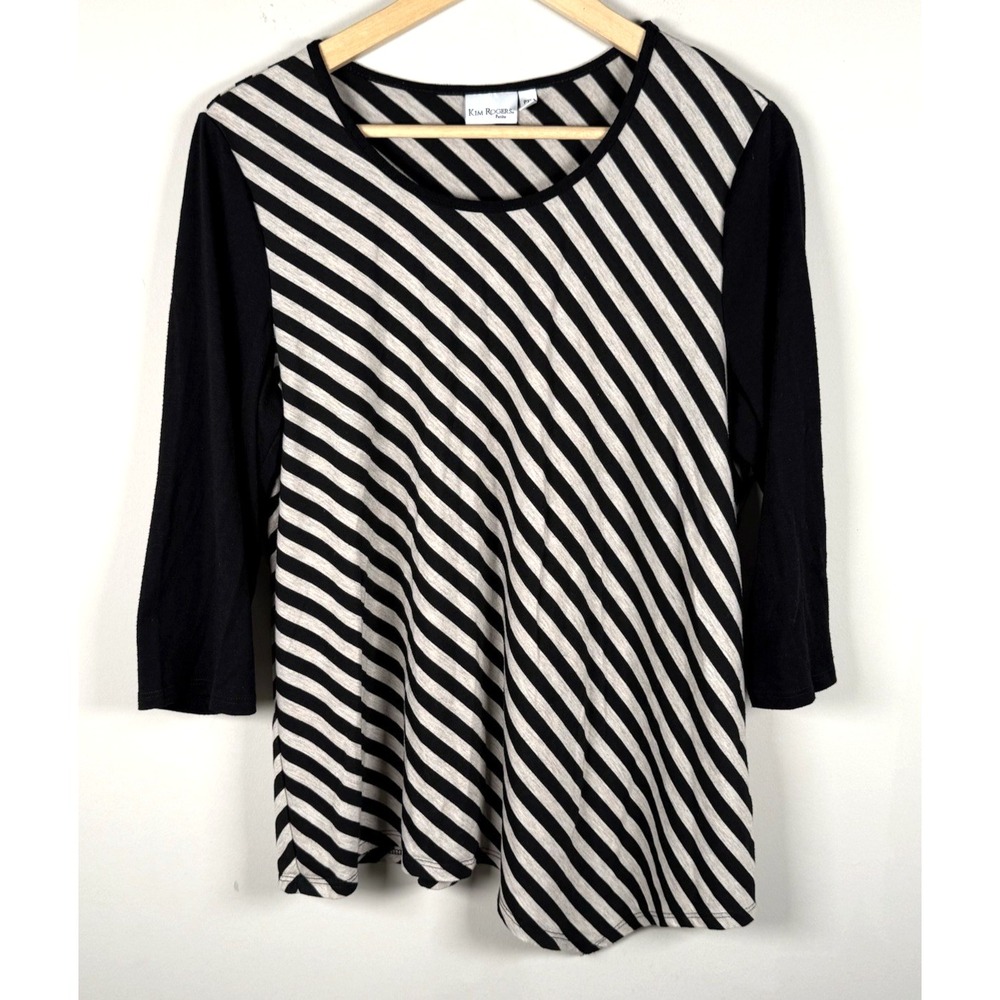 Kim Rogers Petite Tunic Top Striped Flowy 3/4 Sleeves Relaxed Lagenlook Sz PXL